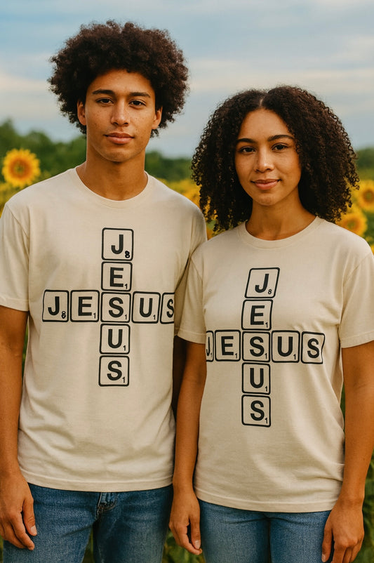 Jesus Scrabble Cross ~ Ivory Tee