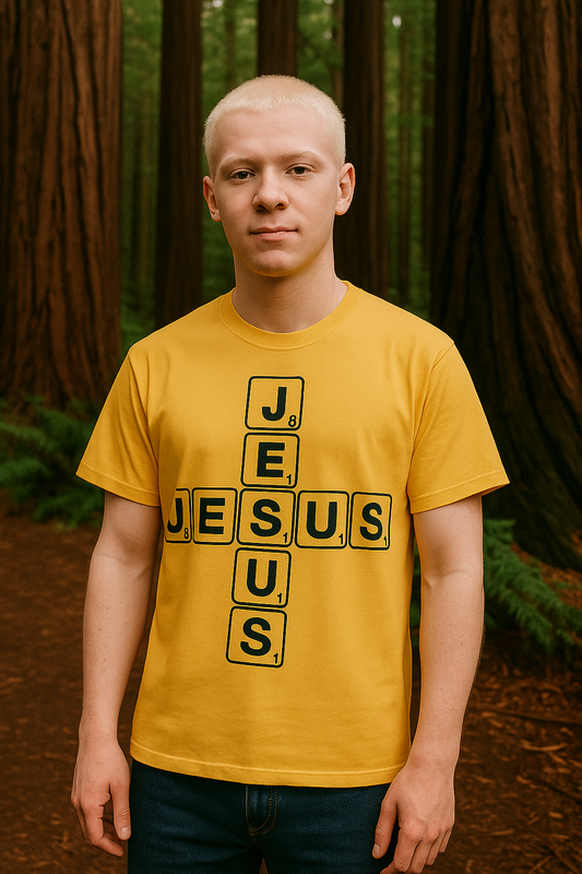 Jesus Scrabble Cross ~ Mustard Tee