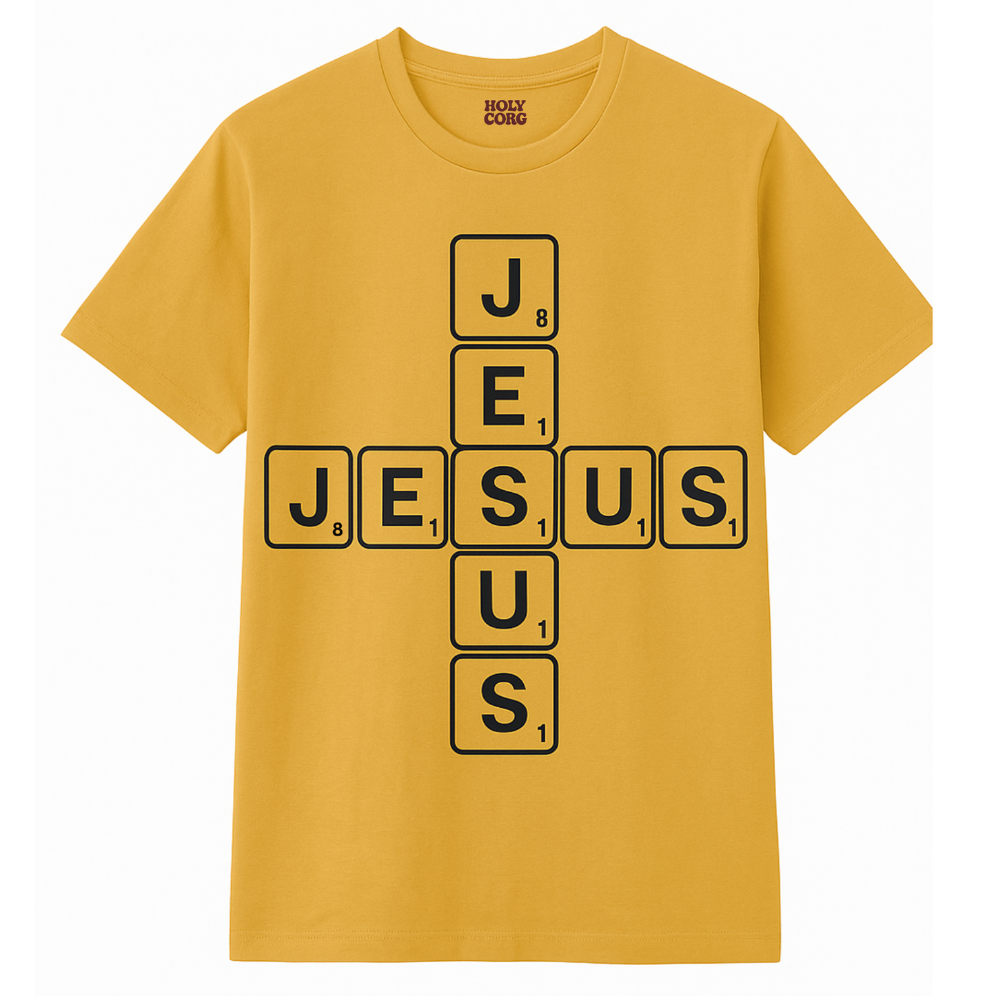 Jesus Scrabble Cross ~ Mustard Tee